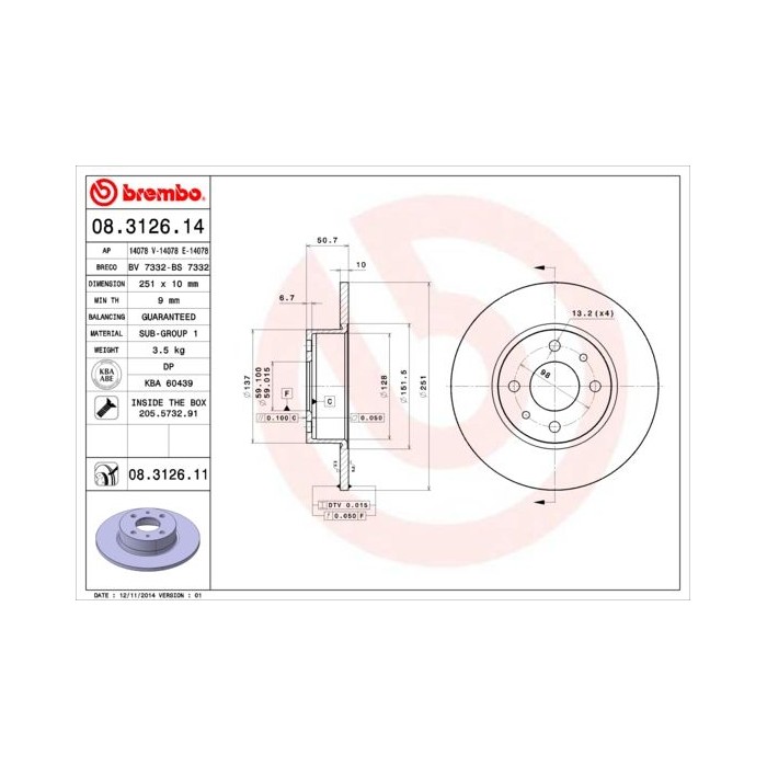 BREMBO Bremsscheibe 08.3126.14, Alfa, Fiat,  Lancia