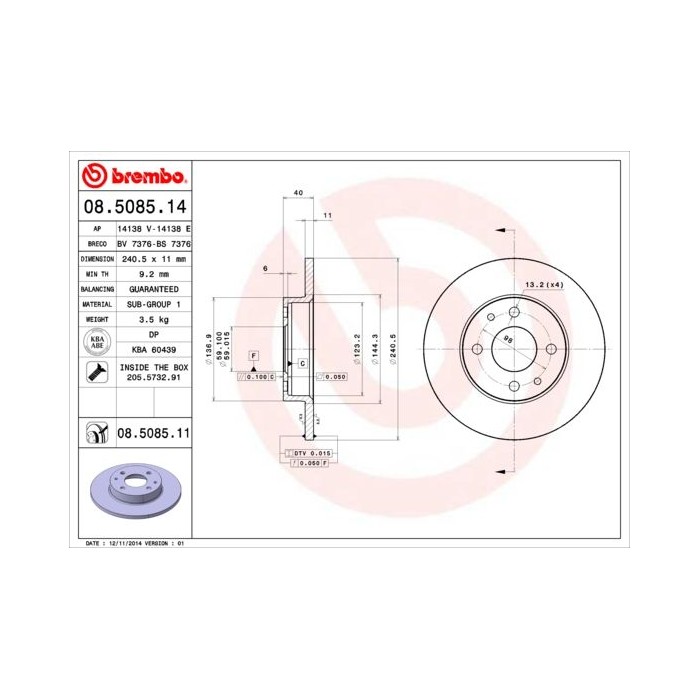 BREMBO Bremsscheibe 08.5085.14 vorne fiat panda