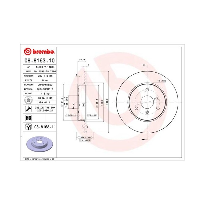 BREMBO Bremsscheibe 08.8163.10 SMART