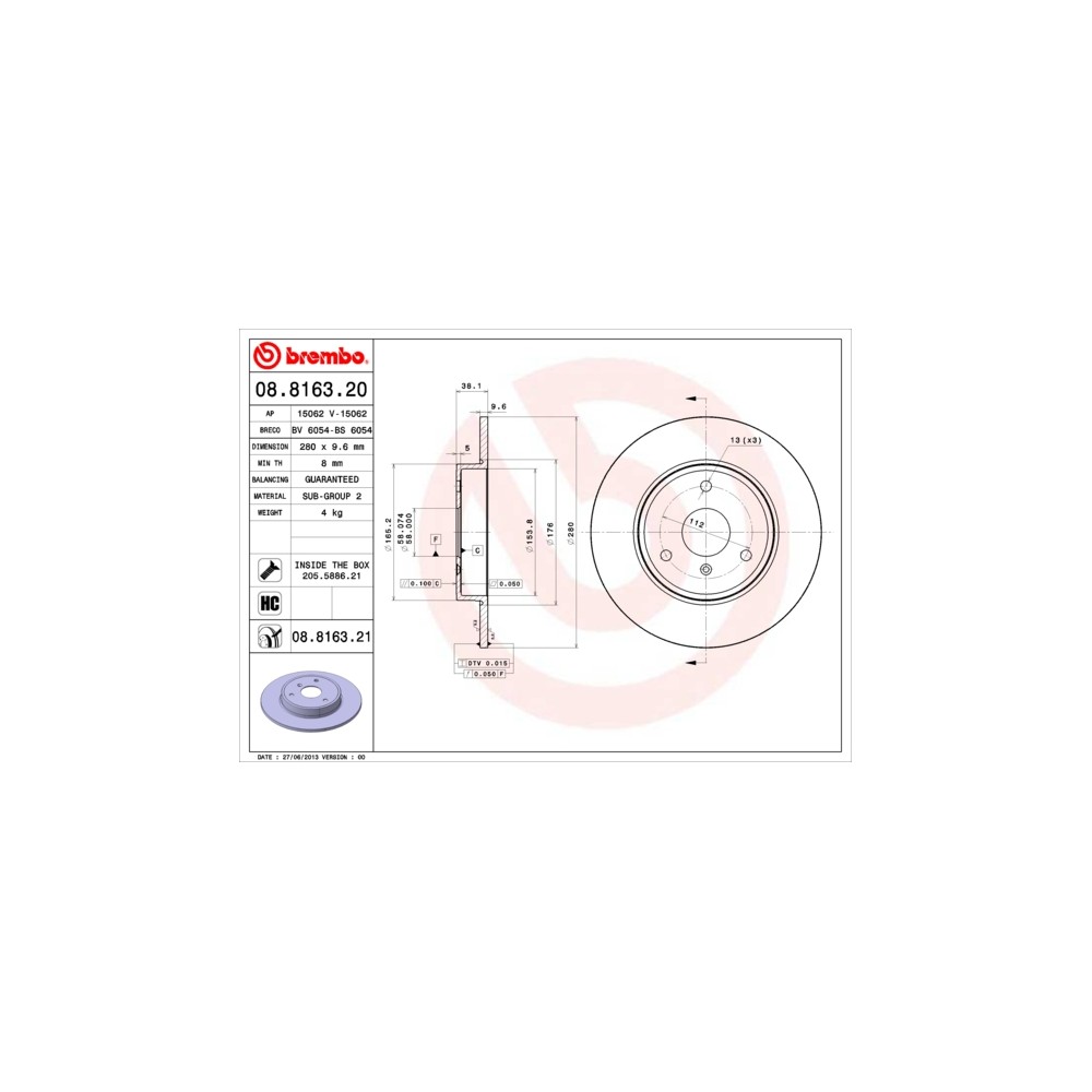 BREMBO COATED DISC LINE Bremsscheibe 08.8163.21