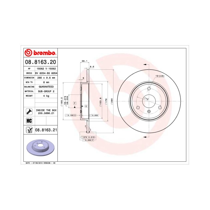 BREMBO COATED DISC LINE Bremsscheibe 08.8163.21