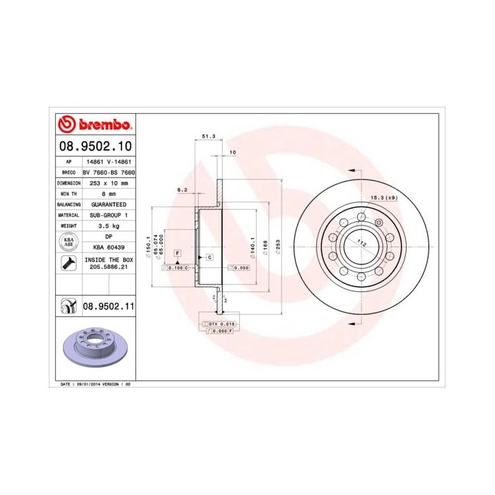 BREMBO Bremsscheibe 08.9502.10, Seat, Skoda, Vw