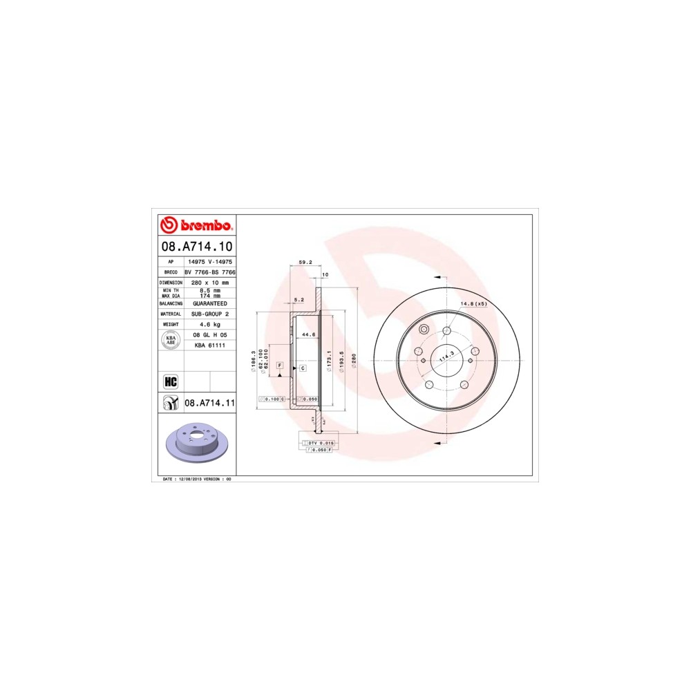 BREMBO COATED DISC LINE Bremsscheibe 08.A714.11