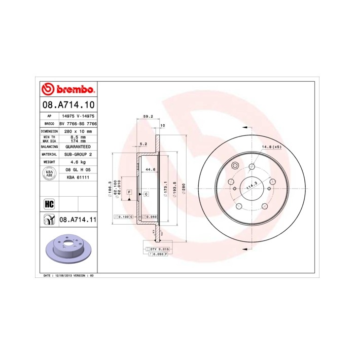 BREMBO COATED DISC LINE Bremsscheibe 08.A714.11