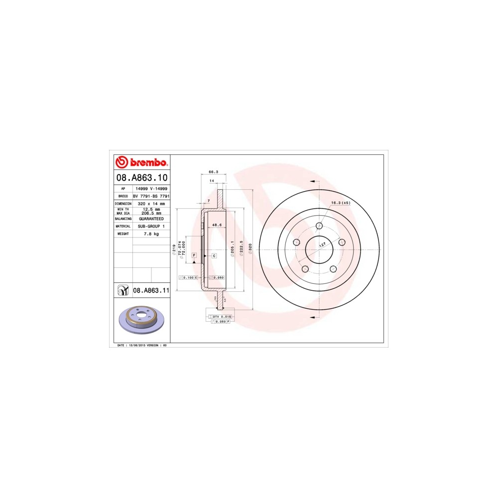 BREMBO COATED DISC LINE Bremsscheibe 08.A863.11