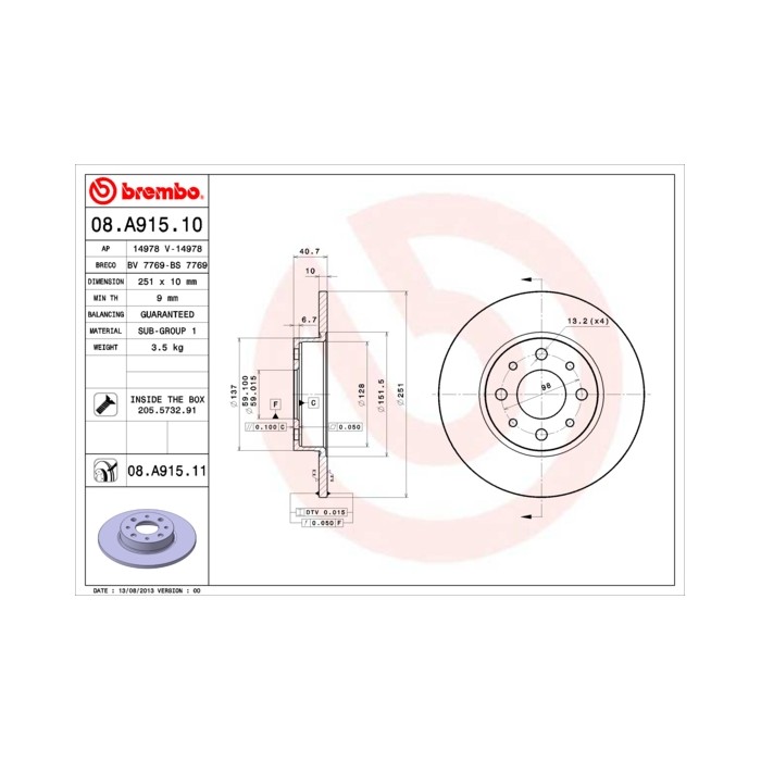 BREMBO COATED DISC LINE Bremsscheibe 08.A915.11