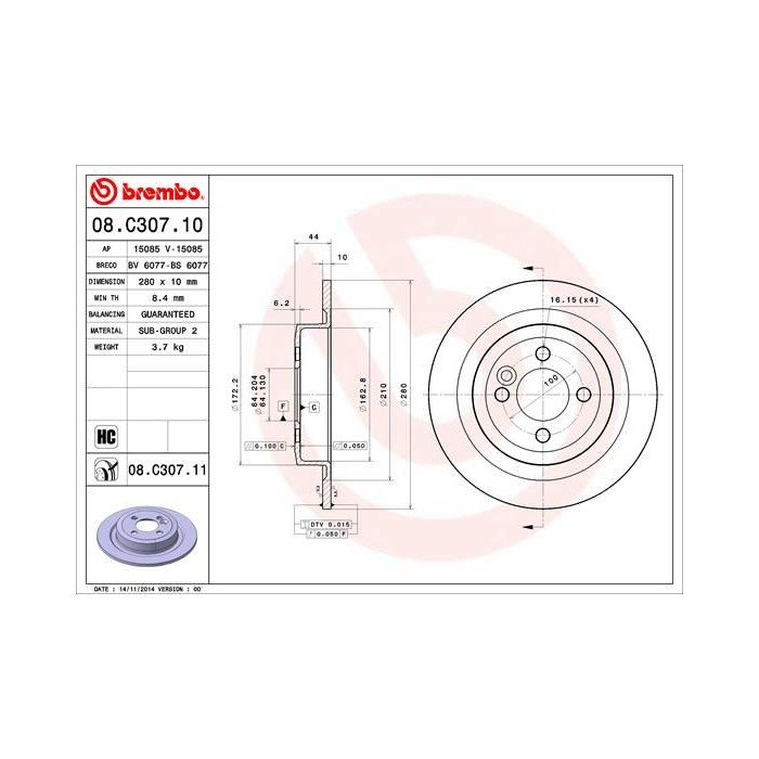 BREMBO COATED DISC LINE Bremsscheibe 08.C307.11