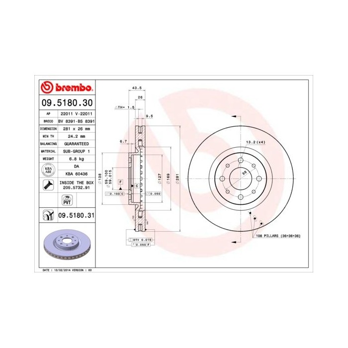 BREMBO Bremsscheibe 09.5180.30 Alfa, Fiat, Lancia