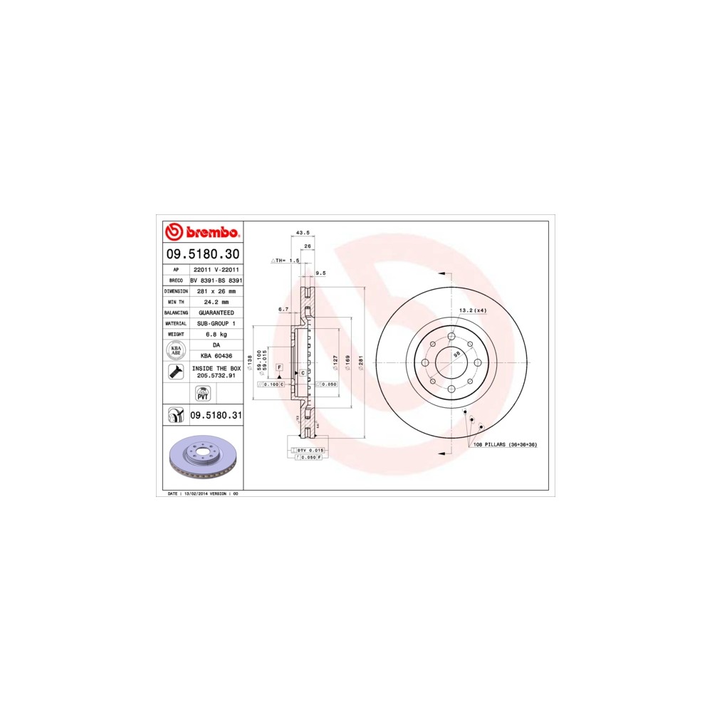 BREMBO COATED DISC LINE Bremsscheibe 09.5180.31