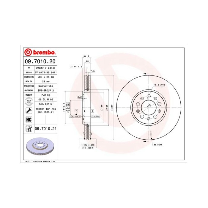 BREMBO Bremsscheibe 09.7010.20 Seat, Skoda, Vw