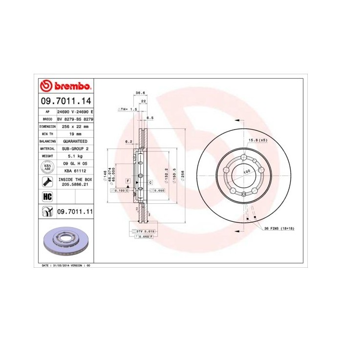 BREMBO Bremsscheibe 09.7011.14, skoda, vw