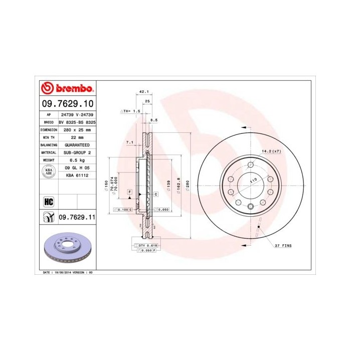 BREMBO Bremsscheibe 09.7629.10, Chevrolet, Opel