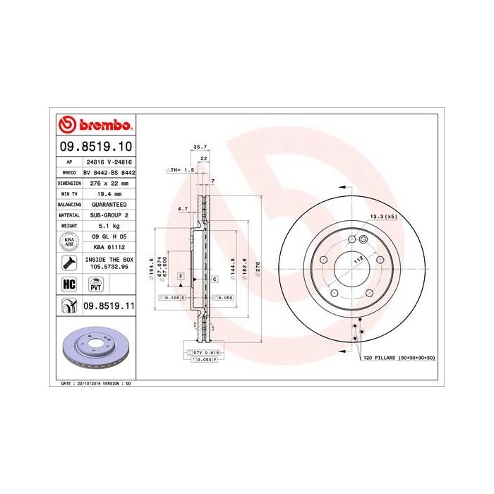BREMBO COATED DISC LINE Bremsscheibe 09.8519.11