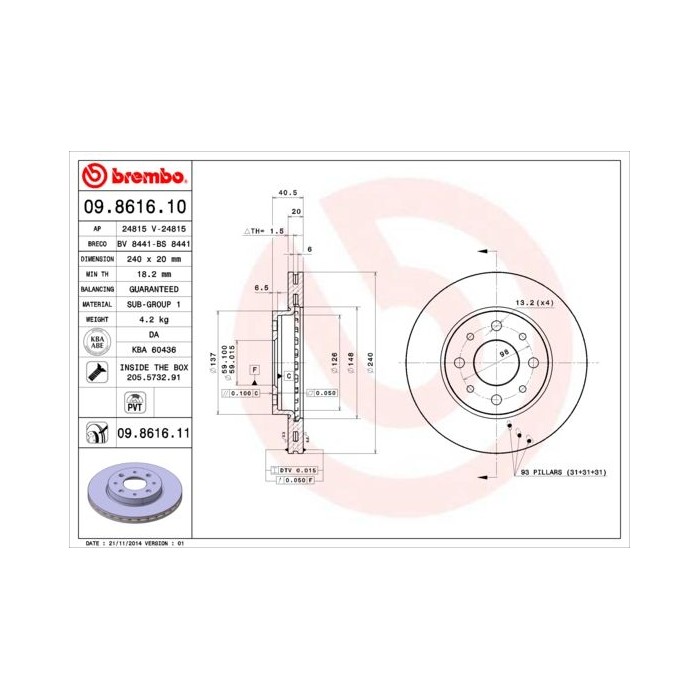 BREMBO Bremsscheibe 09.8616.10, Fiat, Ford