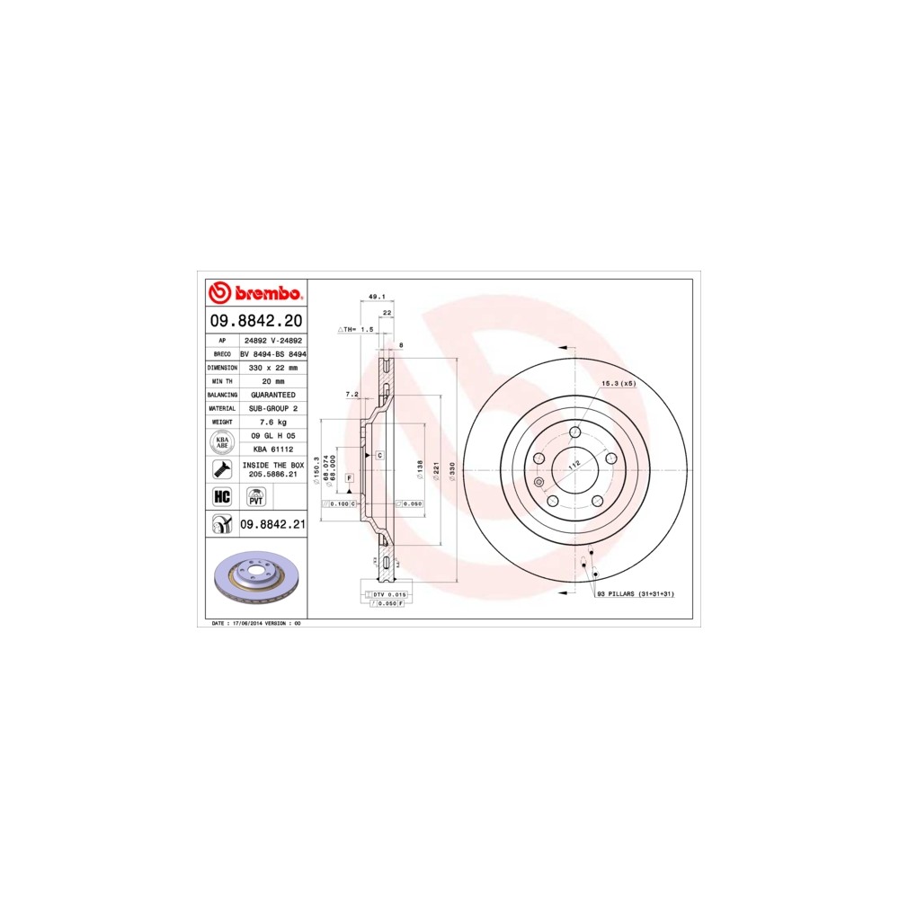 BREMBO COATED DISC LINE Bremsscheibe 09.8842.21