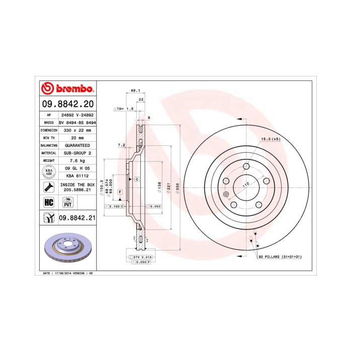 BREMBO COATED DISC LINE Bremsscheibe 09.8842.21