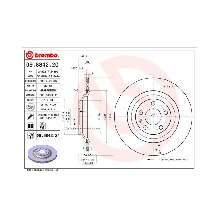 BREMBO COATED DISC LINE Bremsscheibe 09.8842.21