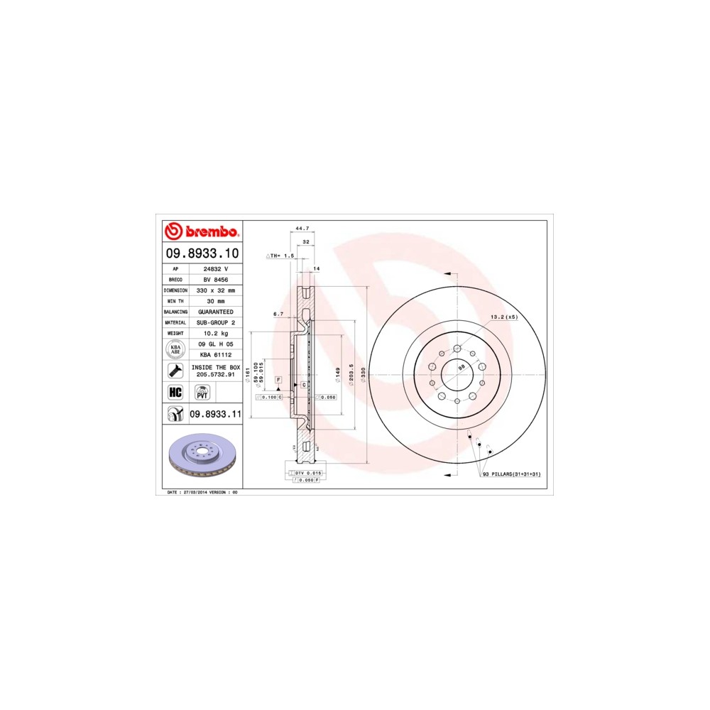 BREMBO COATED DISC LINE Bremsscheibe 09.8933.11