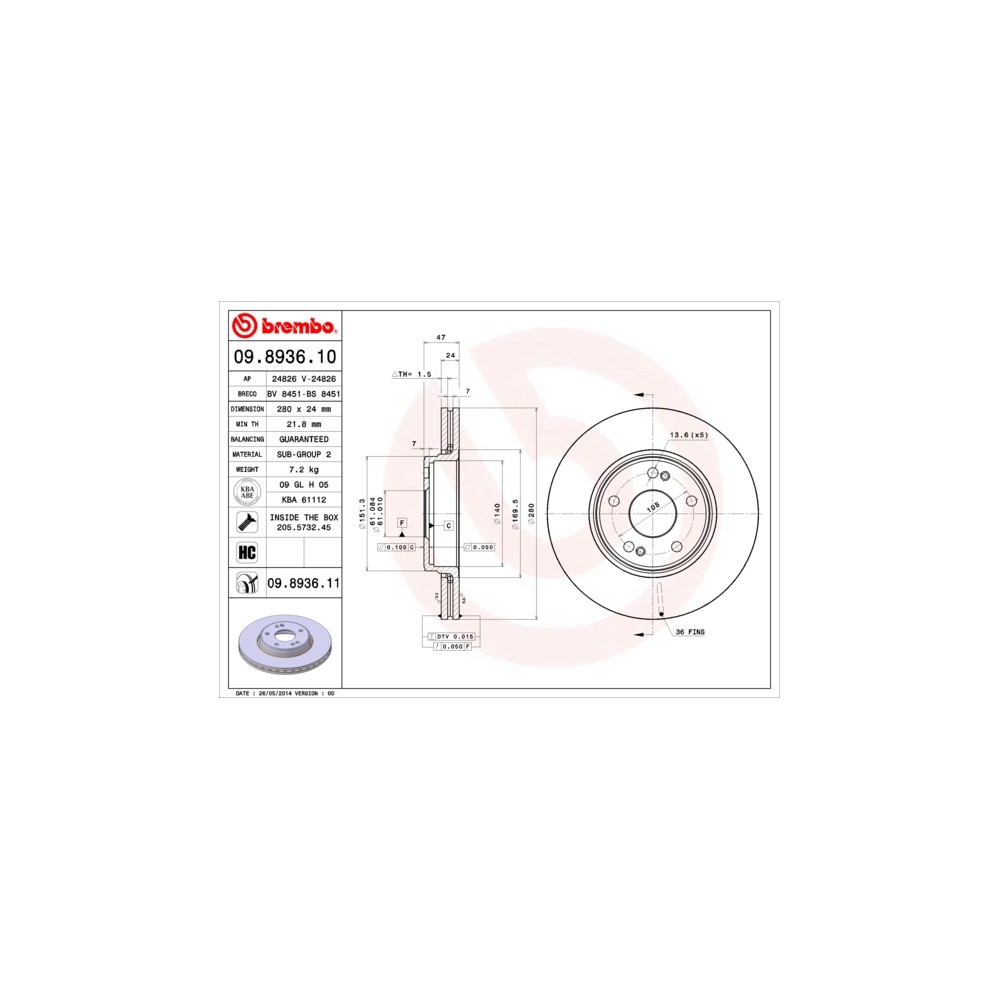 BREMBO COATED DISC LINE Bremsscheibe 09.8936.11
