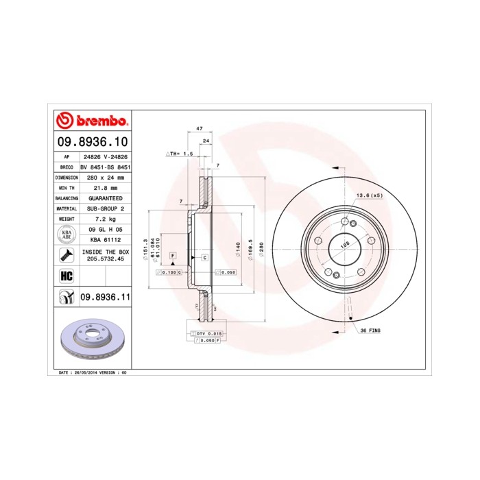 BREMBO COATED DISC LINE Bremsscheibe 09.8936.11
