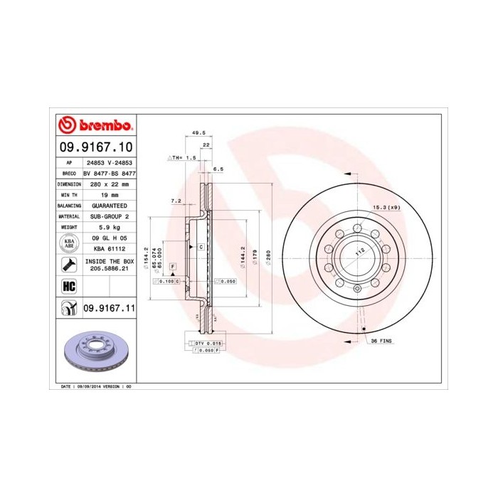BREMBO COATED DISC LINE Bremsscheibe 09.9167.11