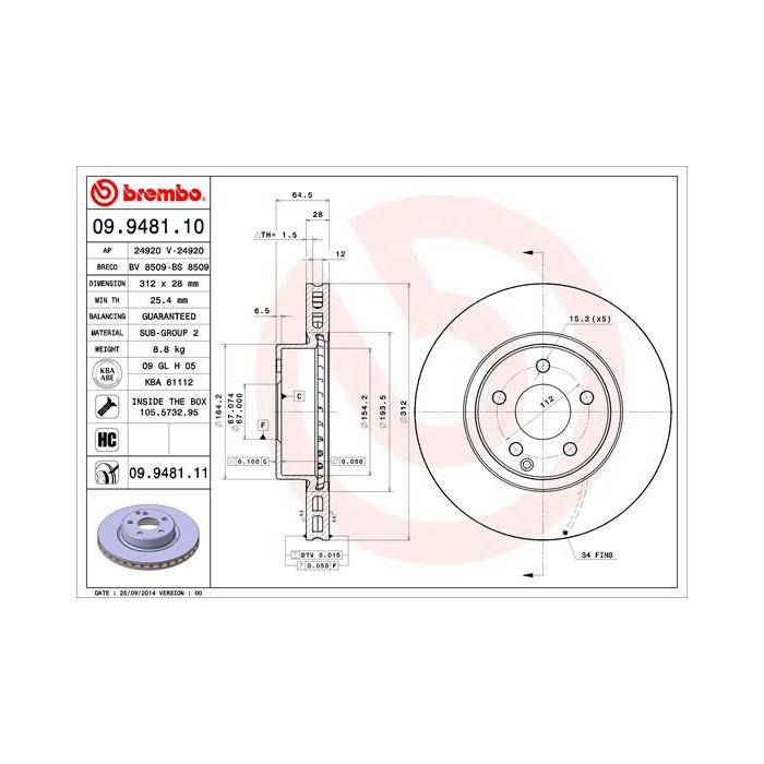 BREMBO COATED DISC LINE Bremsscheibe 09.9481.11