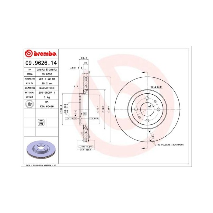 BREMBO Bremsscheibe 09.9626.14 Fiat, Lancia