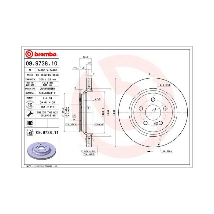 BREMBO COATED DISC LINE Bremsscheibe 09.9738.11