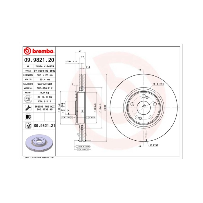 BREMBO COATED DISC LINE Bremsscheibe 09.9821.21