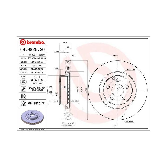 BREMBO COATED DISC LINE Bremsscheibe 09.9825.21