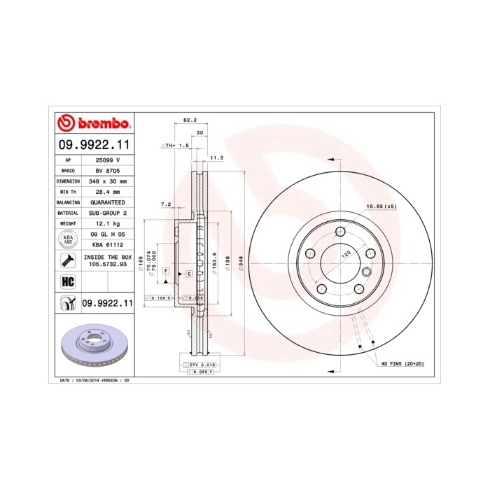 BREMBO COATED DISC LINE Bremsscheibe 09.9922.11
