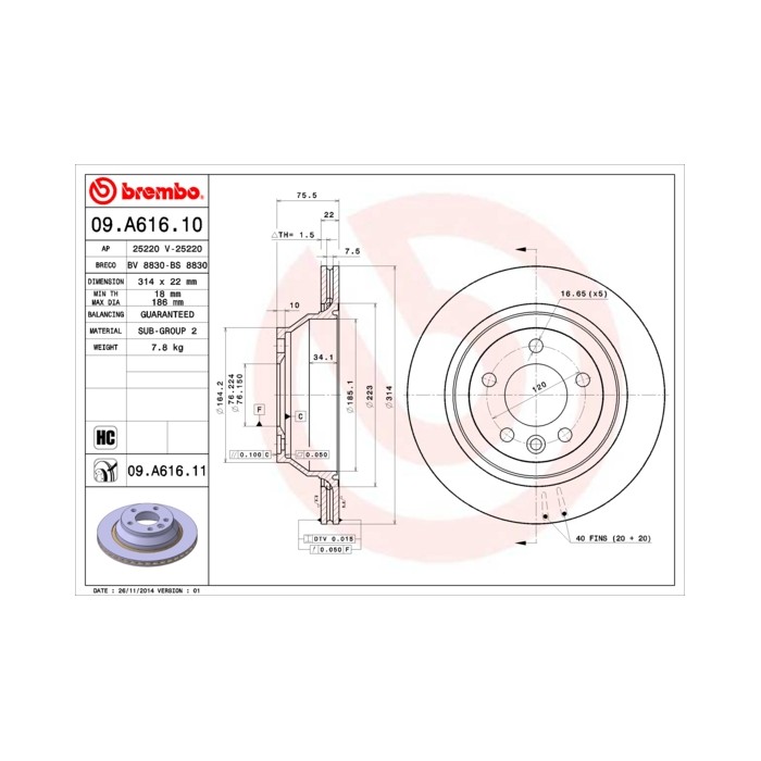 BREMBO Bremsscheibe 09.A616.10
