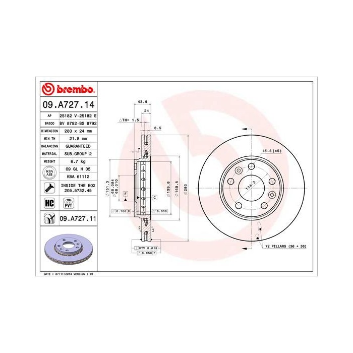 BREMBO Bremsscheibe 09.A727.14