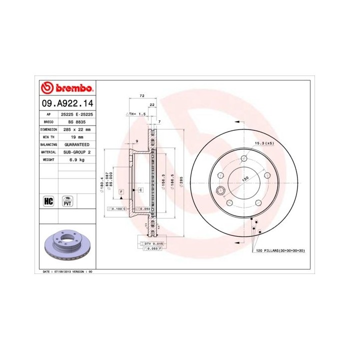 BREMBO Bremsscheibe 09.A922.14