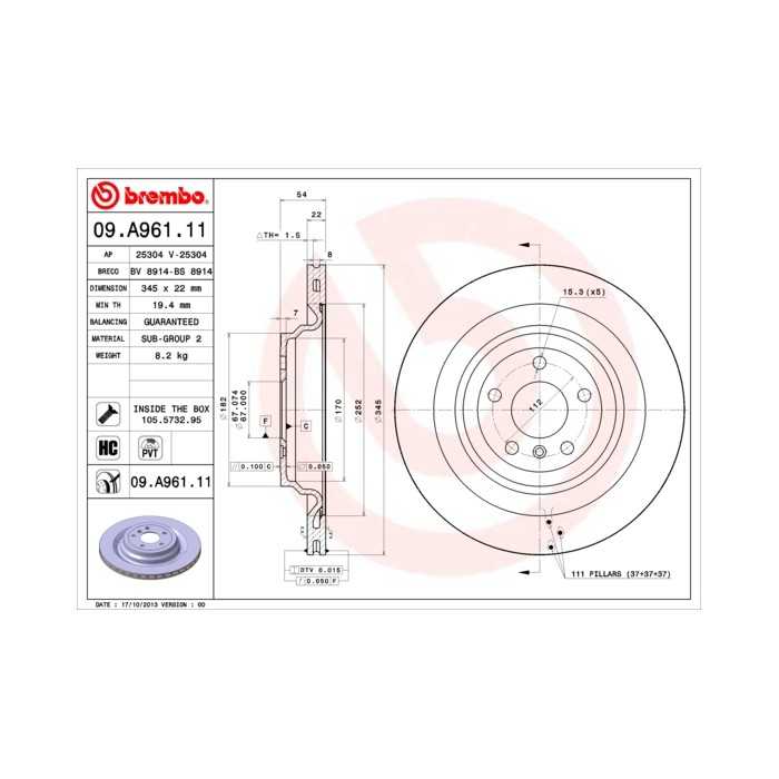 BREMBO COATED DISC LINE Bremsscheibe 09.A961.11