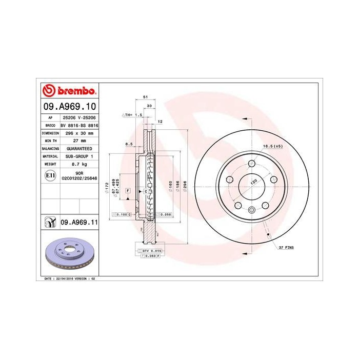 BREMBO Bremsscheibe 09.A969.10