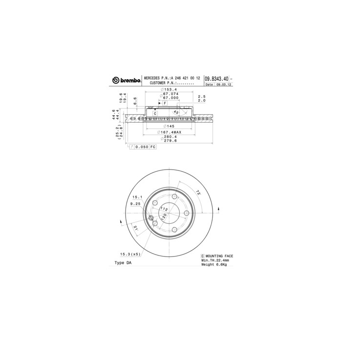 BREMBO COATED DISC LINE Bremsscheibe 09.B343.41