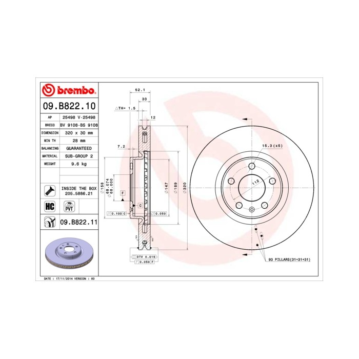 BREMBO COATED DISC LINE Bremsscheibe 09.B822.11