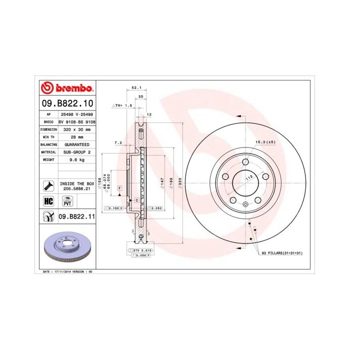 BREMBO COATED DISC LINE Bremsscheibe 09.B822.11